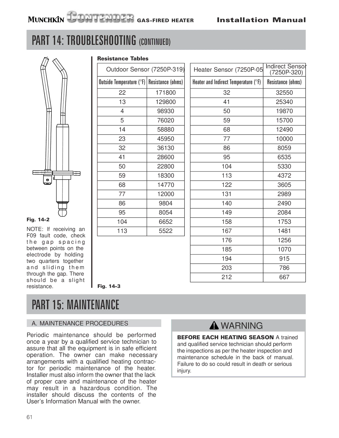 Munchkin Gas-Fired Hot Water Circulating Heater installation manual Outdoor Sensor 7250P-319, Maintenance Procedures 