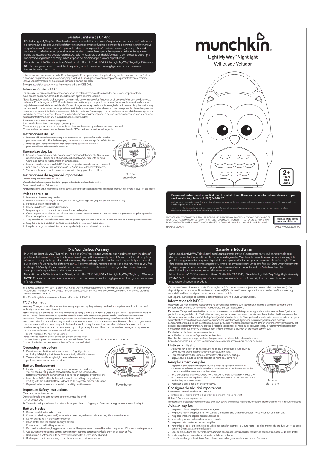 Munchkin MK0089 operating instructions Garantía Limitada de Un Año, One Year Limited Warranty, Garantie limitée d’un an 