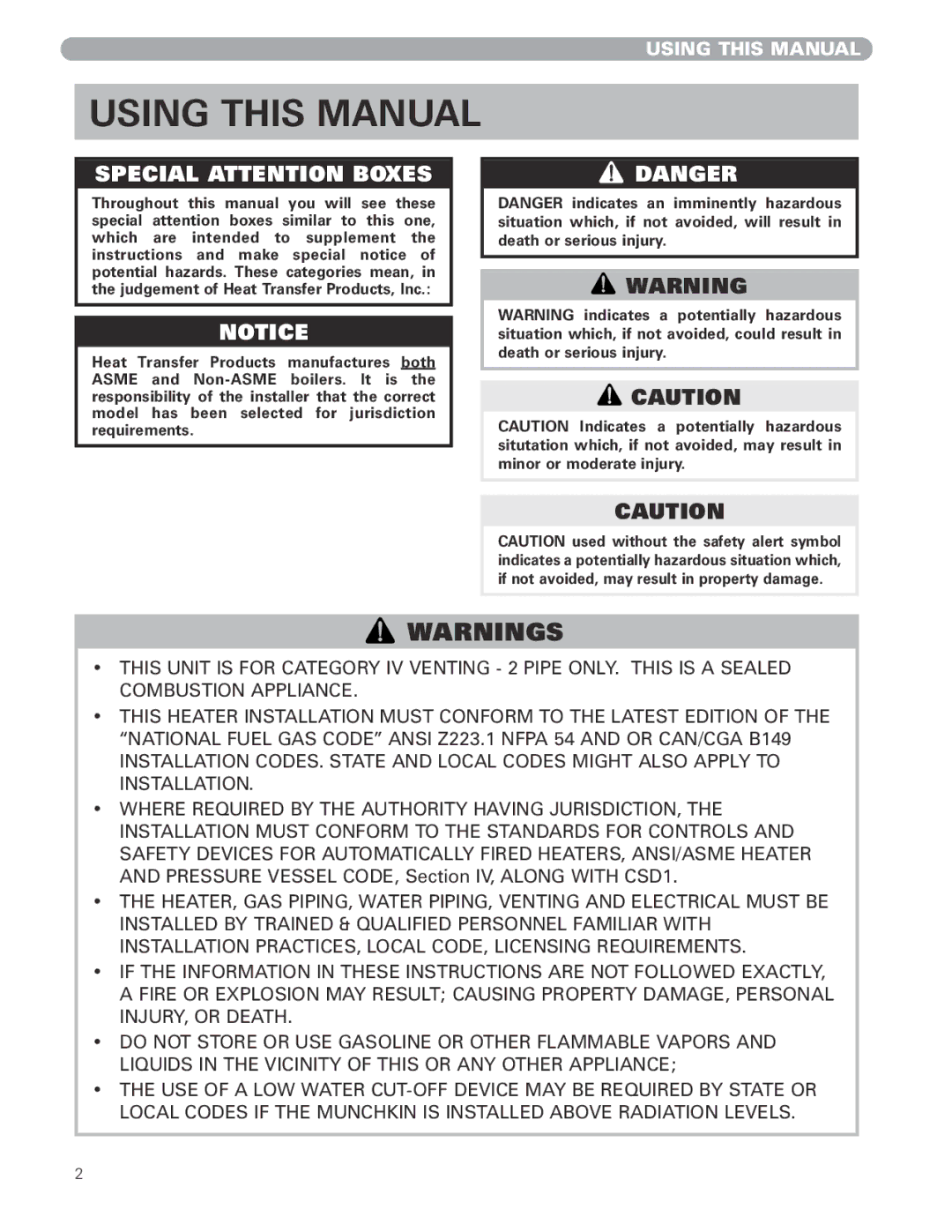 Munchkin MUNCHKIN HIGH EFFICIENCY HEATER with the 925 Controller manual Using this Manual, Special Attention Boxes 