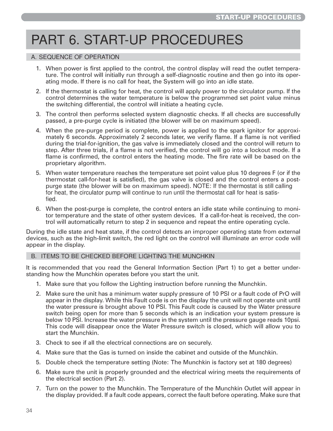 Munchkin MUNCHKIN HIGH EFFICIENCY HEATER with the 925 Controller Part 6. START-UP Procedures, Sequence of Operation 