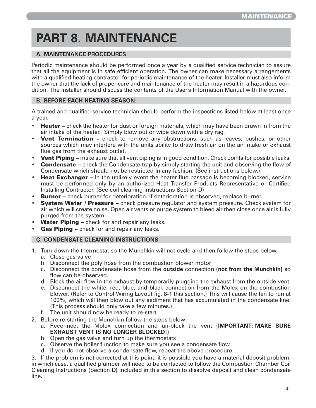 Munchkin MUNCHKIN HIGH EFFICIENCY HEATER with the 925 Controller manual Part 8. Maintenance, Maintenance Procedures 