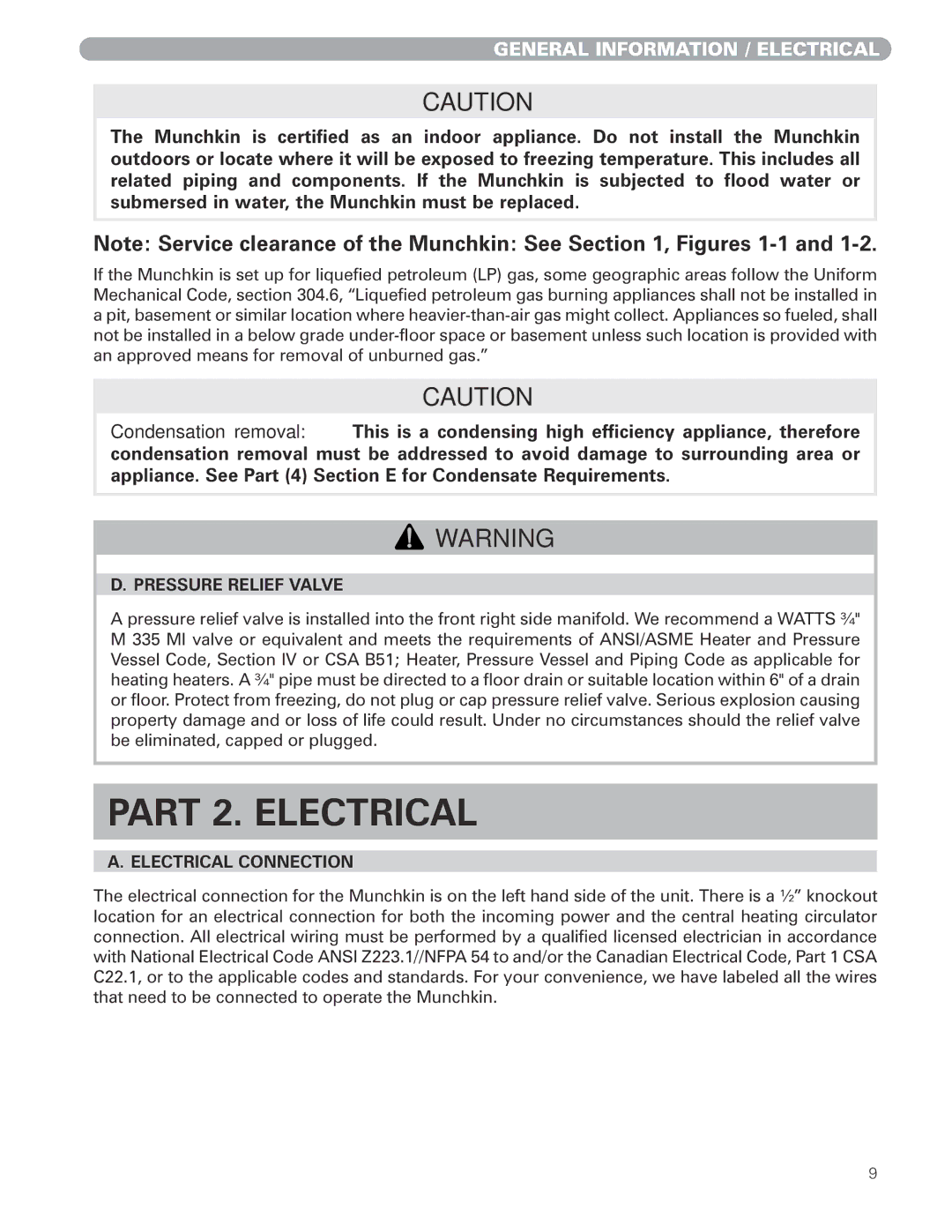 Munchkin MUNCHKIN HIGH EFFICIENCY HEATER with the 925 Controller manual Part 2. Electrical, Pressure Relief Valve 