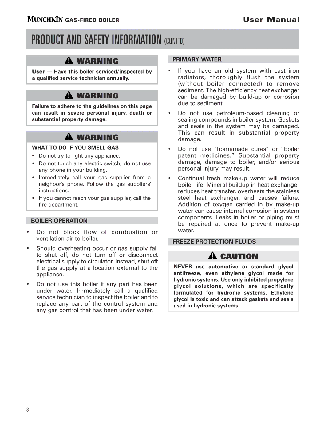 Munchkin pmn user manual Product and Safety Information CONT’D, What to do if YOU Smell GAS 