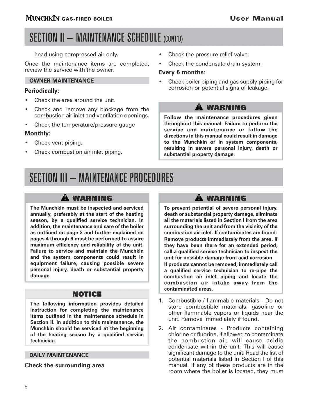 Munchkin pmn user manual Section II Maintenance Schedule CONT’D, Section III Maintenance Procedures 