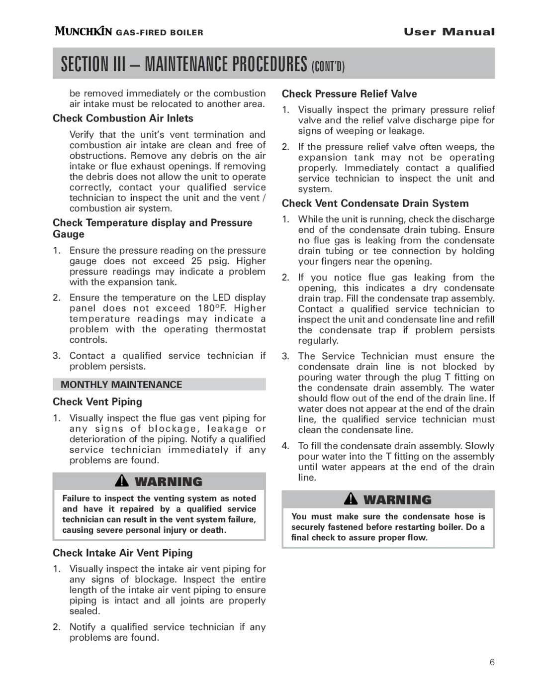 Munchkin pmn Check Combustion Air Inlets, Check Pressure Relief Valve, Check Vent Piping, Check Intake Air Vent Piping 