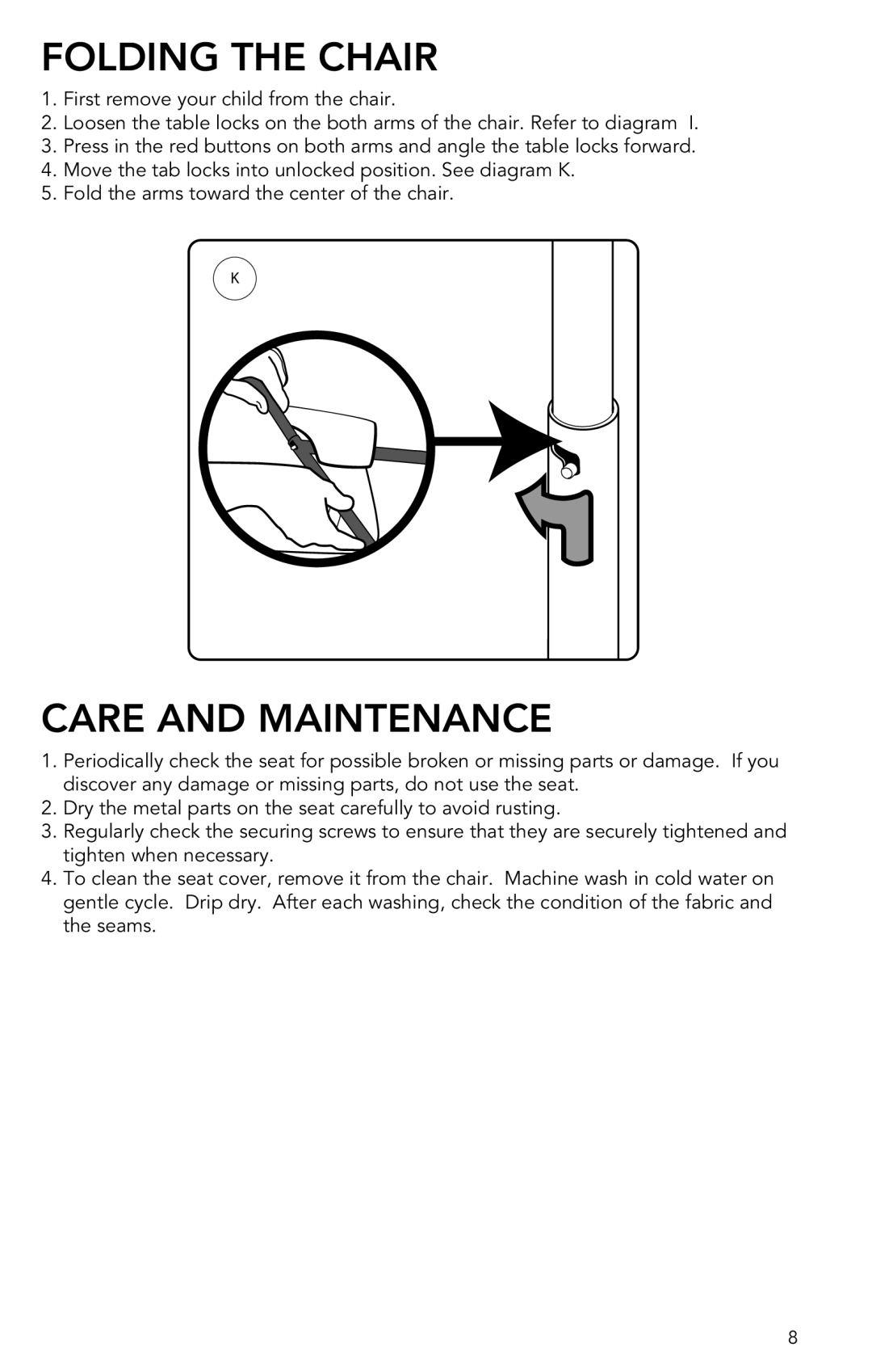 Munchkin Portable Hook-On Chair manual Folding the Chair, Care and Maintenance 