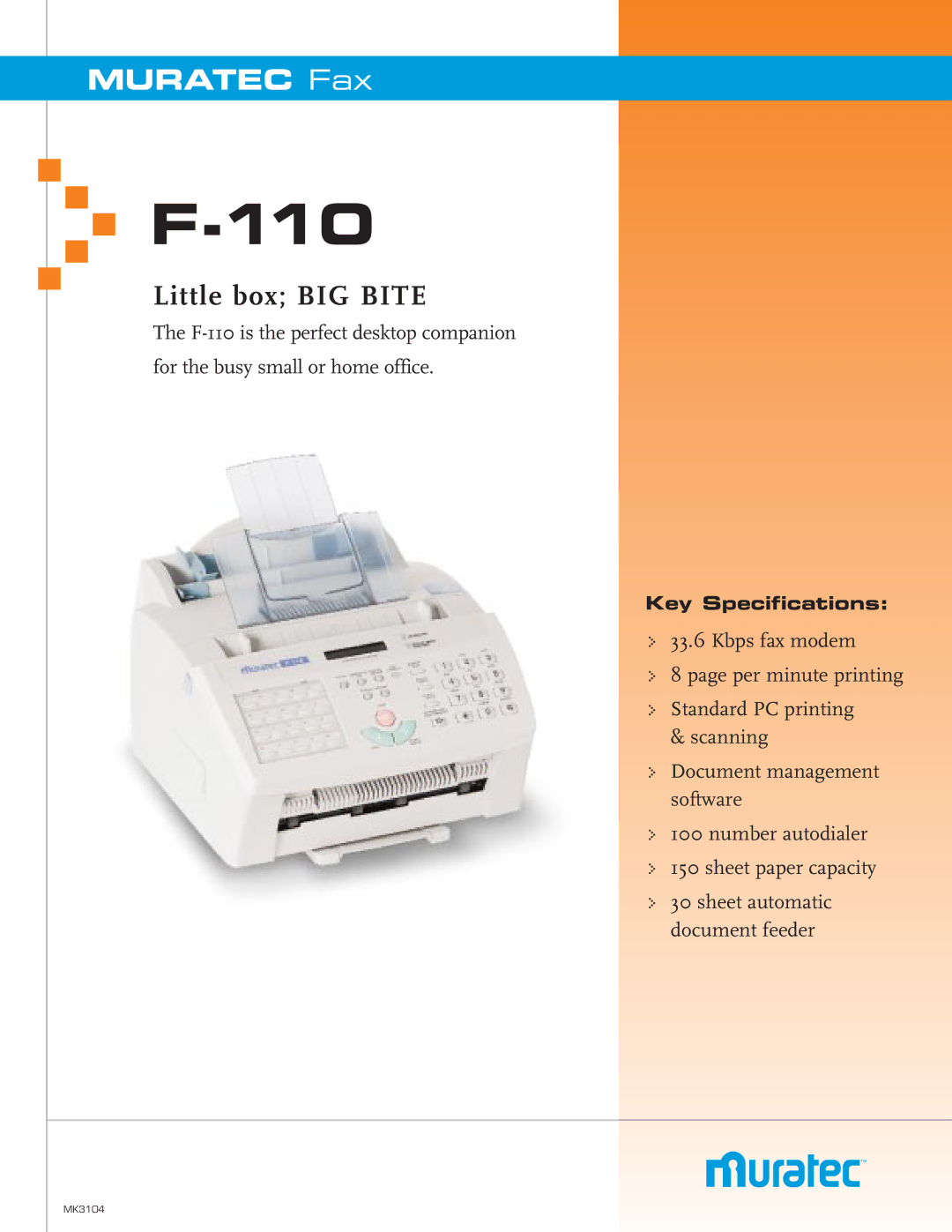 Muratec f-110 specifications Muratec Fax, FLittle-110box BIG Bite 