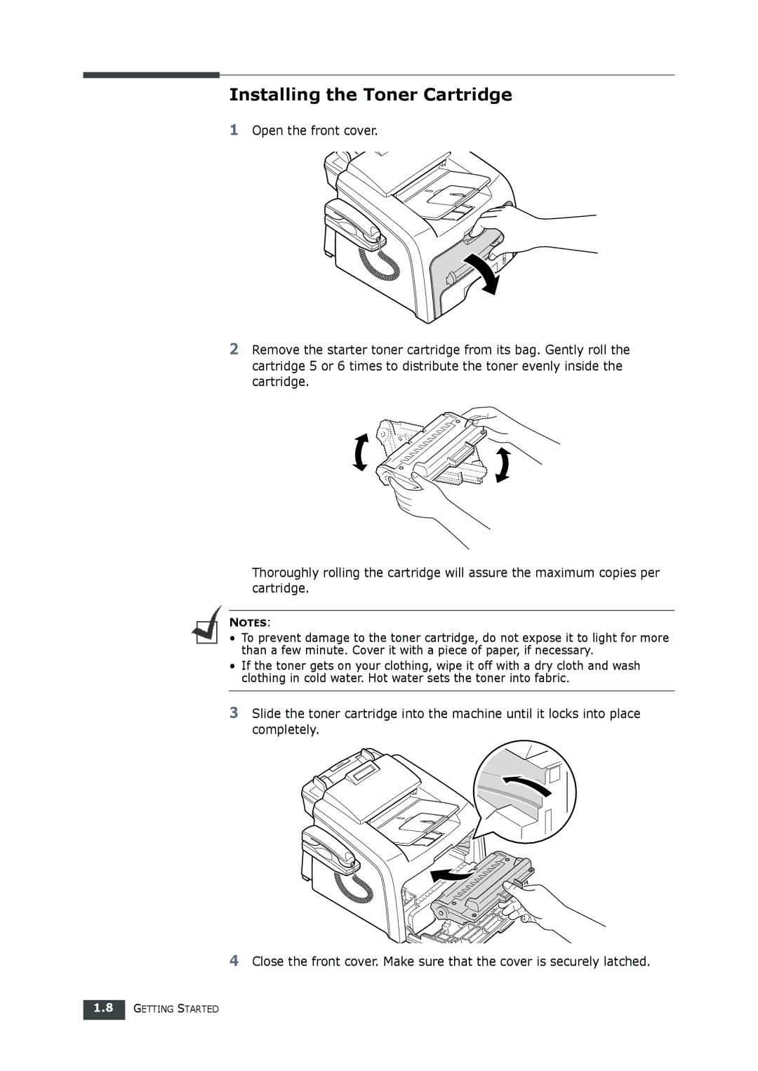 Muratec F-112 user manual Installing the Toner Cartridge 