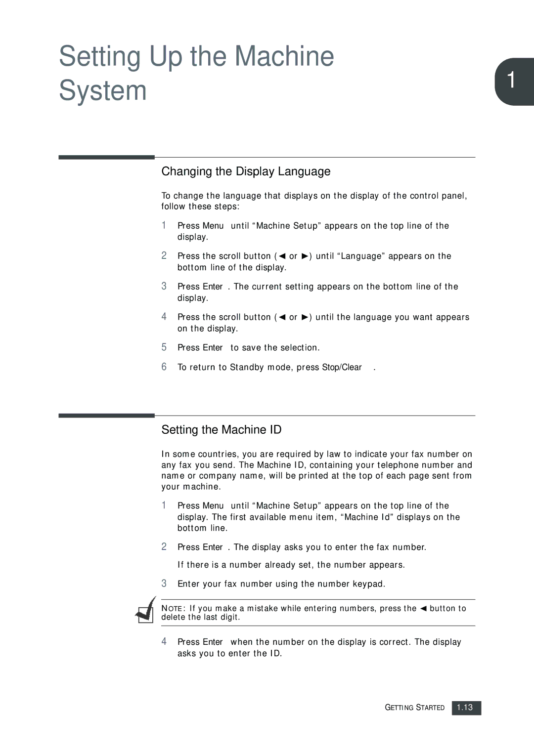 Muratec F-112 user manual Changing the Display Language, Setting the Machine ID 