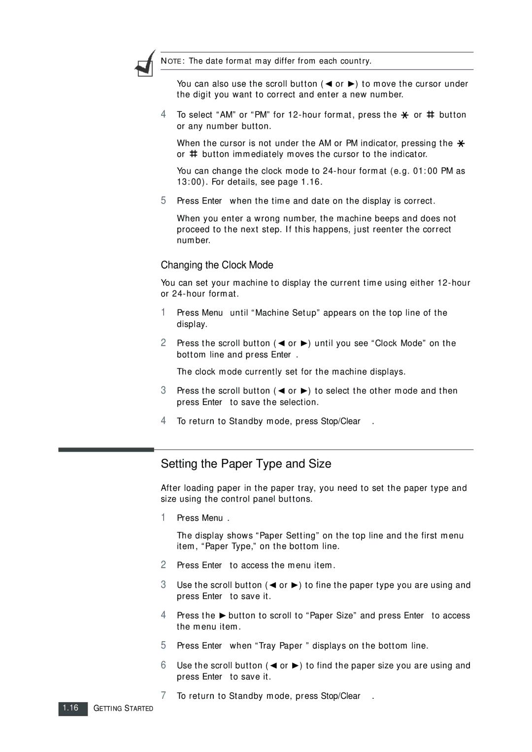 Muratec F-112 user manual Setting the Paper Type and Size, Changing the Clock Mode 