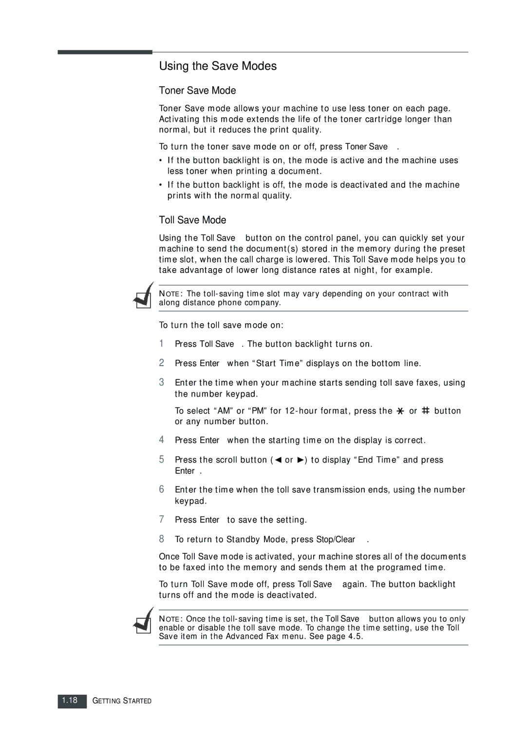 Muratec F-112 user manual Using the Save Modes, Toner Save Mode, Toll Save Mode 