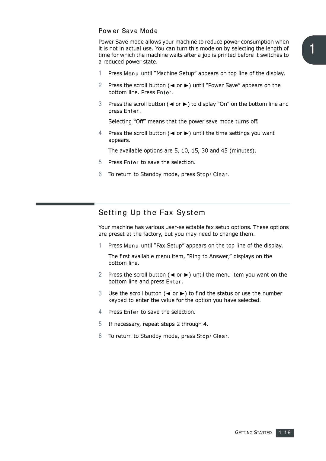 Muratec F-112 user manual Setting Up the Fax System, Power Save Mode 