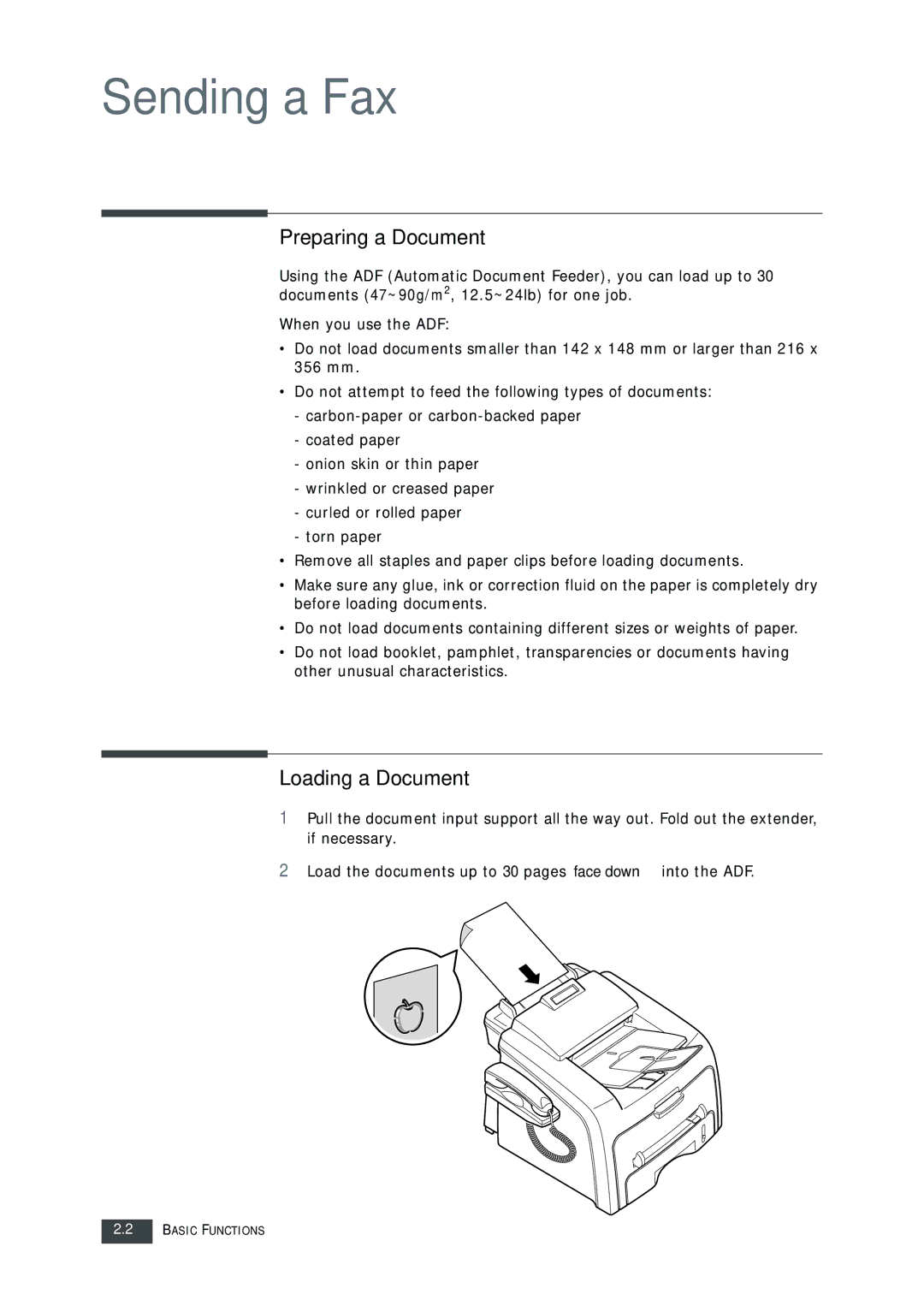 Muratec F-112 user manual Preparing a Document, Loading a Document 