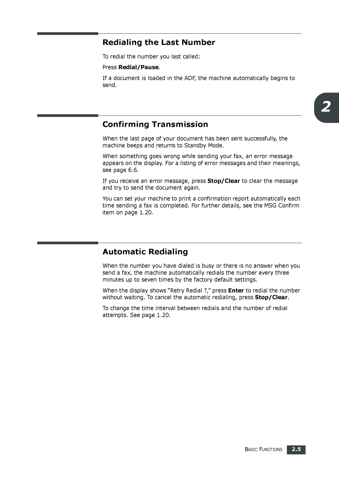 Muratec F-112 user manual Redialing the Last Number, Confirming Transmission, Automatic Redialing 