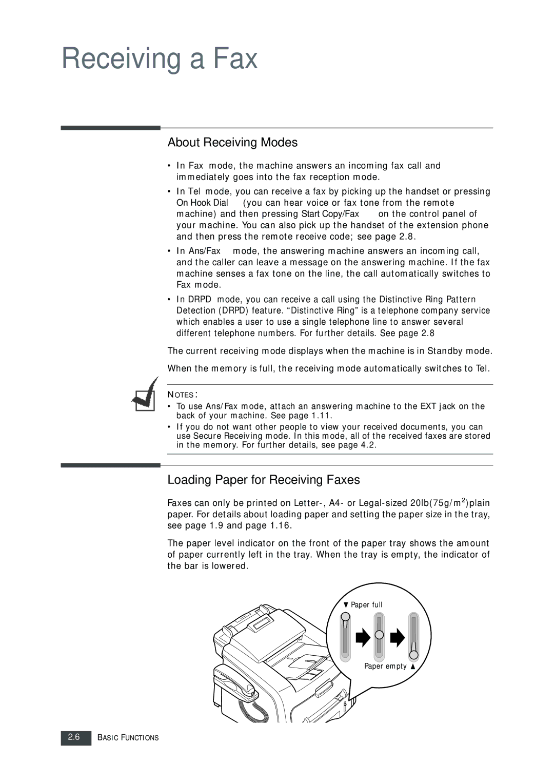 Muratec F-112 user manual About Receiving Modes, Loading Paper for Receiving Faxes 