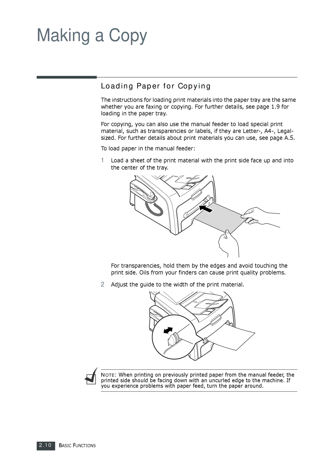 Muratec F-112 user manual Loading Paper for Copying, Adjust the guide to the width of the print material 