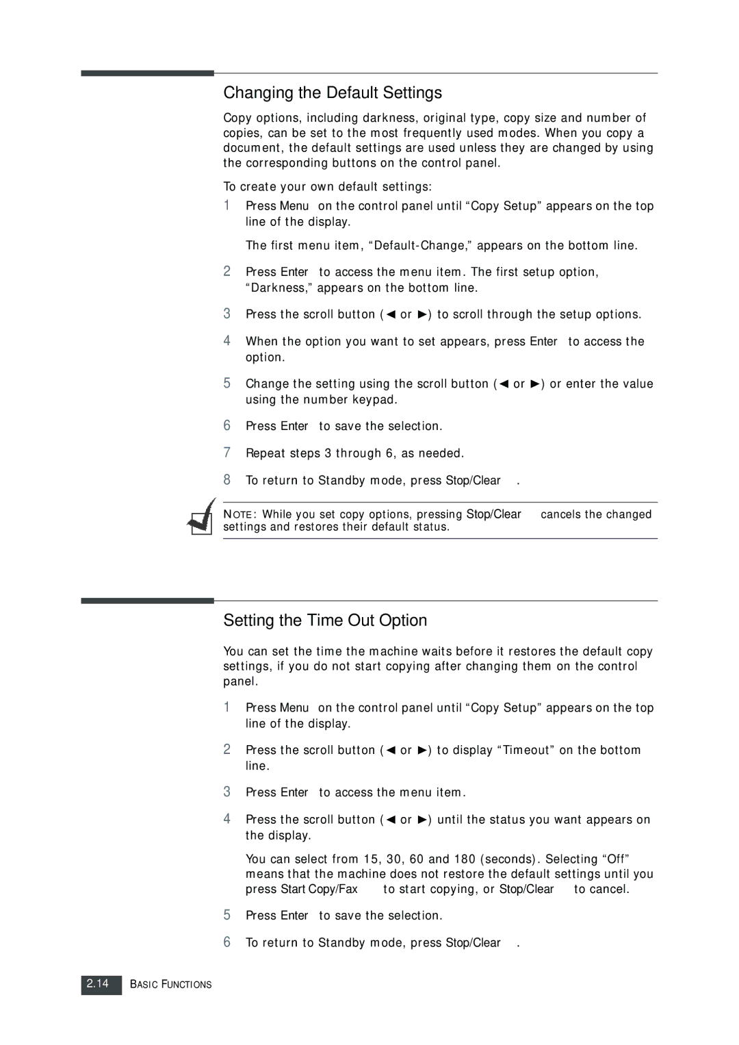 Muratec F-112 user manual Changing the Default Settings, Setting the Time Out Option 