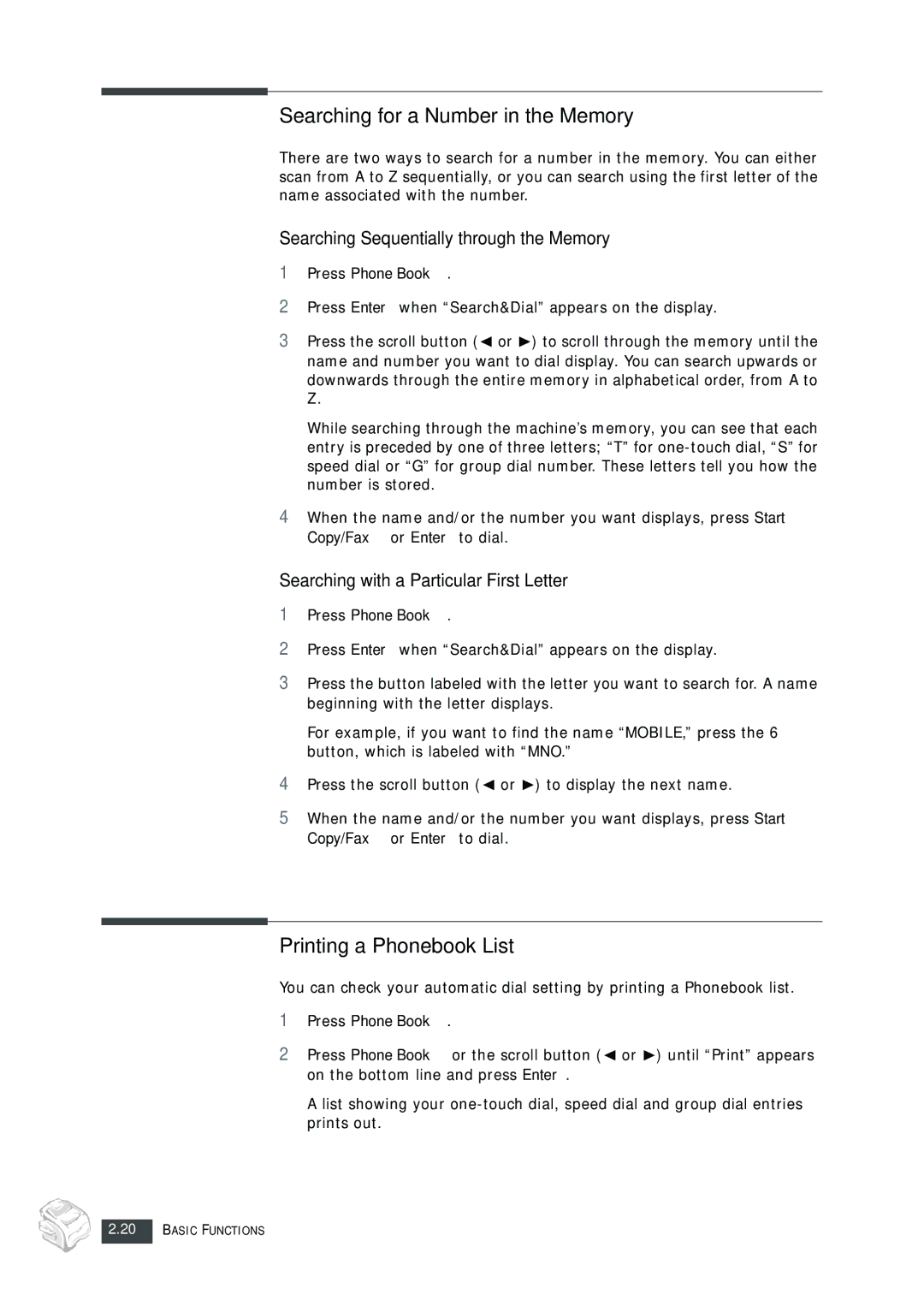 Muratec F-112 Searching for a Number in the Memory, Printing a Phonebook List, Searching Sequentially through the Memory 