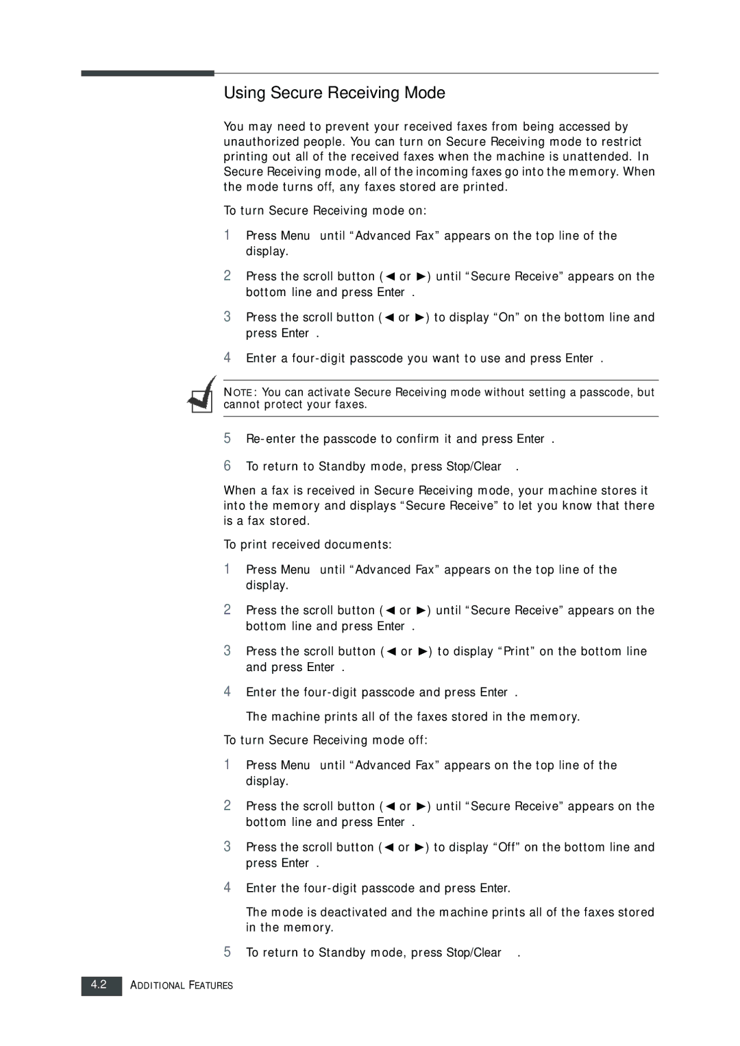 Muratec F-112 user manual Using Secure Receiving Mode, Bottom line and press Enter Press the scroll button 