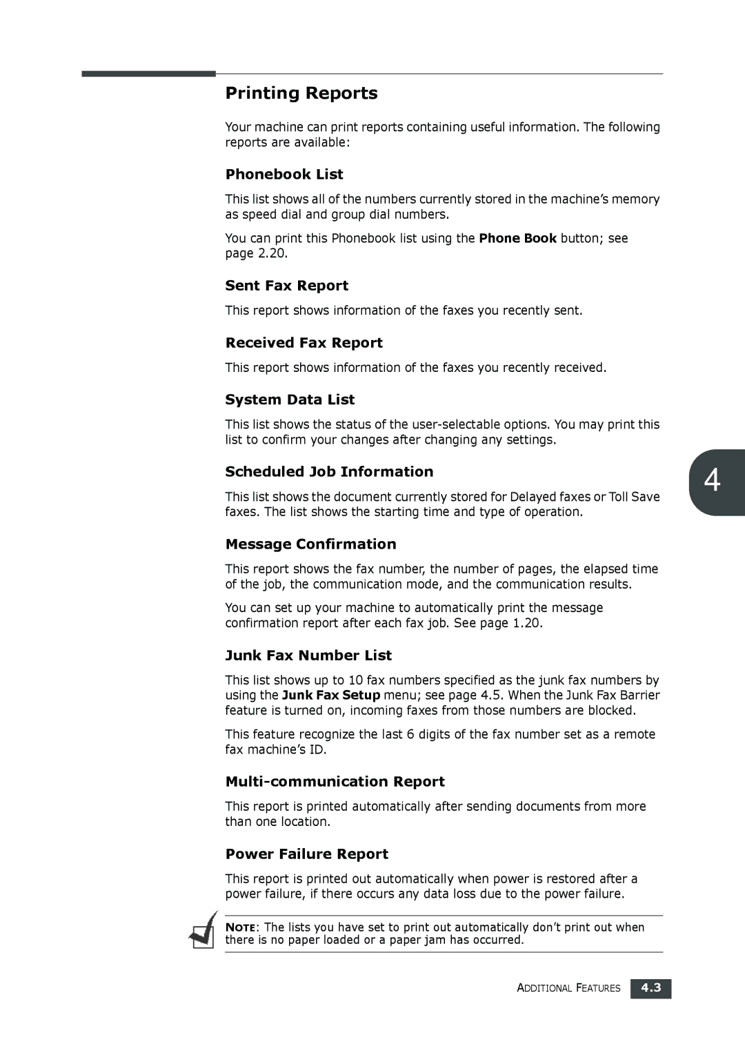 Muratec F-112 user manual Printing Reports 