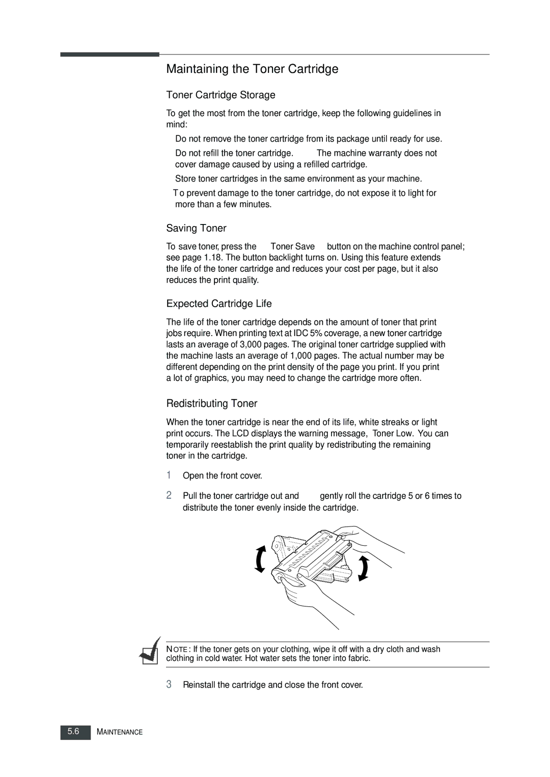 Muratec F-112 user manual Maintaining the Toner Cartridge, Toner Cartridge Storage, Saving Toner, Expected Cartridge Life 