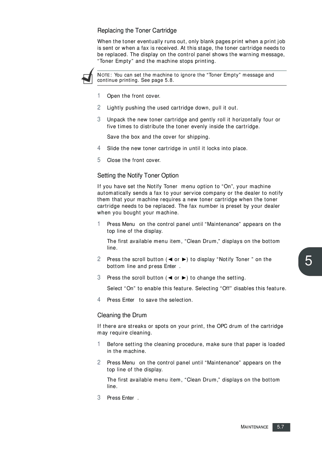 Muratec F-112 user manual Replacing the Toner Cartridge, Setting the Notify Toner Option, Cleaning the Drum 