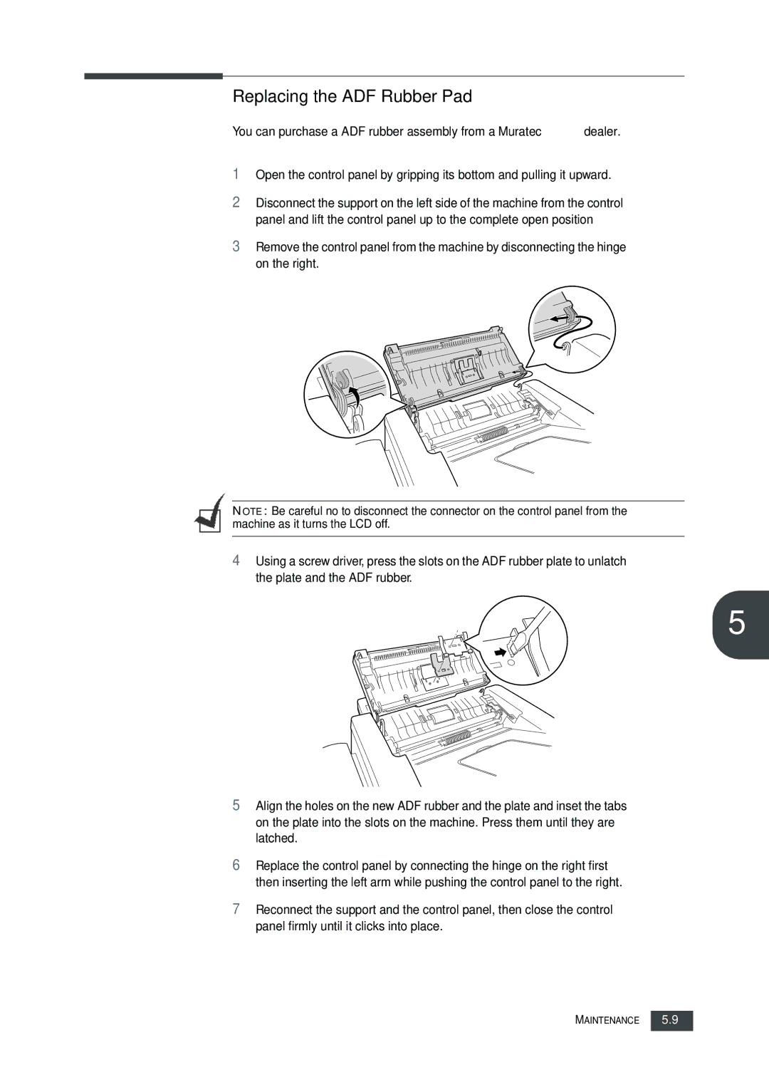 Muratec F-112 user manual Replacing the ADF Rubber Pad 