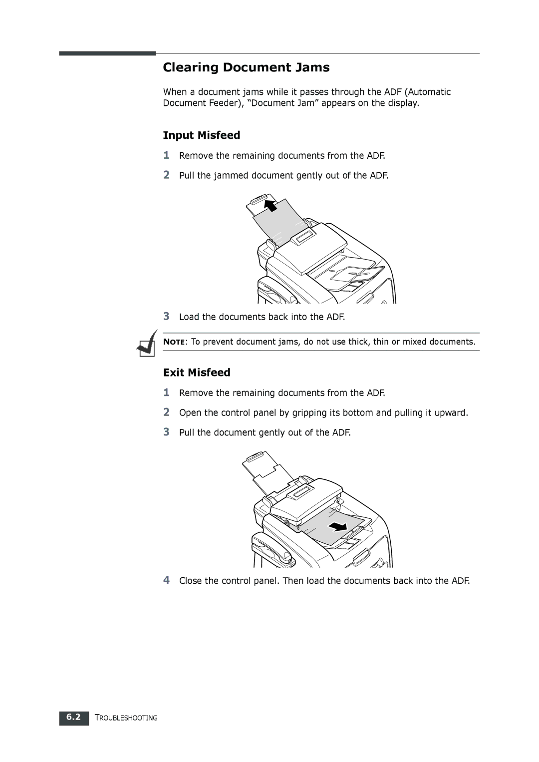 Muratec F-112 user manual Clearing Document Jams, Input Misfeed, Exit Misfeed 