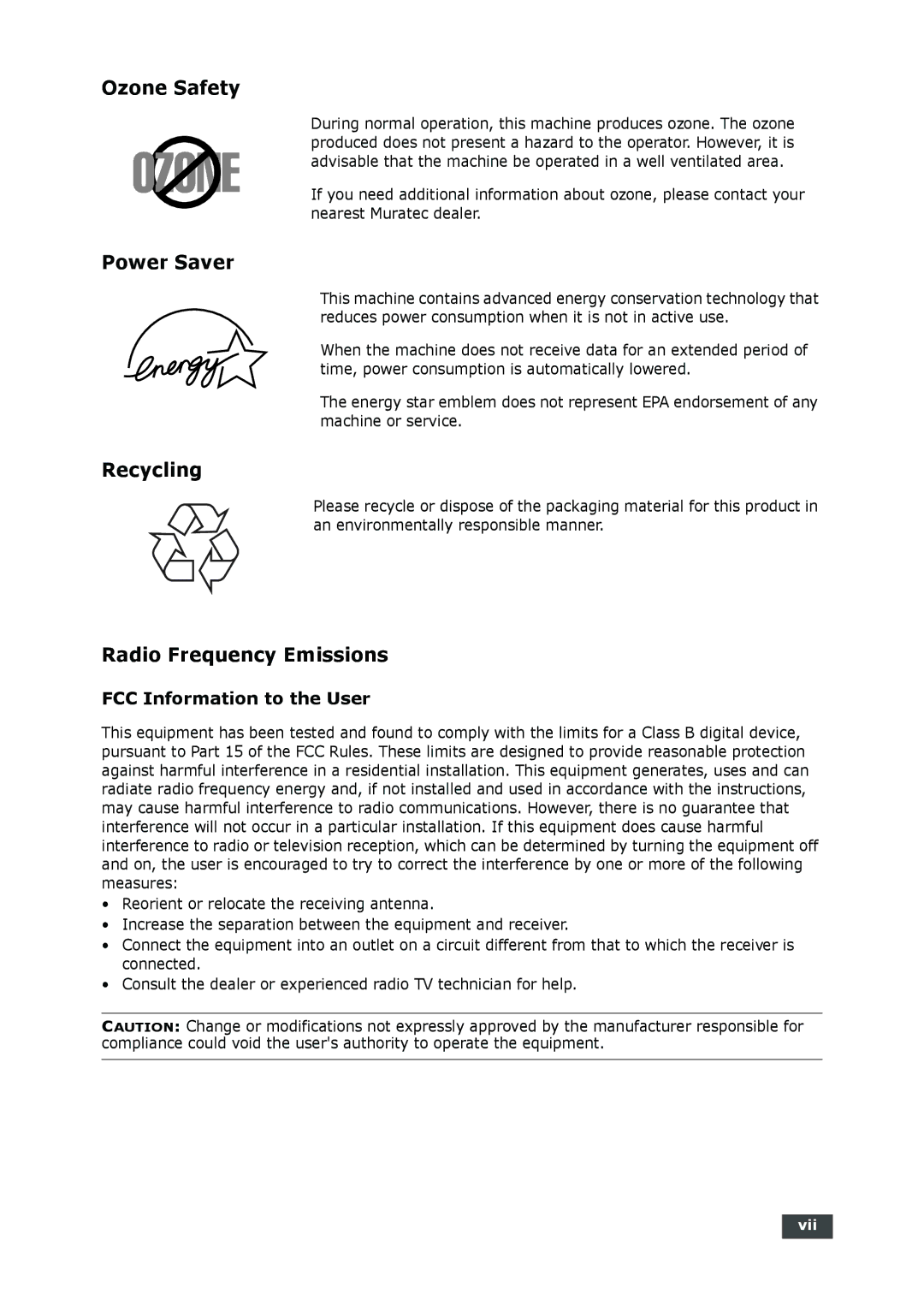 Muratec F-112 user manual Ozone Safety, Power Saver, Recycling, Radio Frequency Emissions, FCC Information to the User 