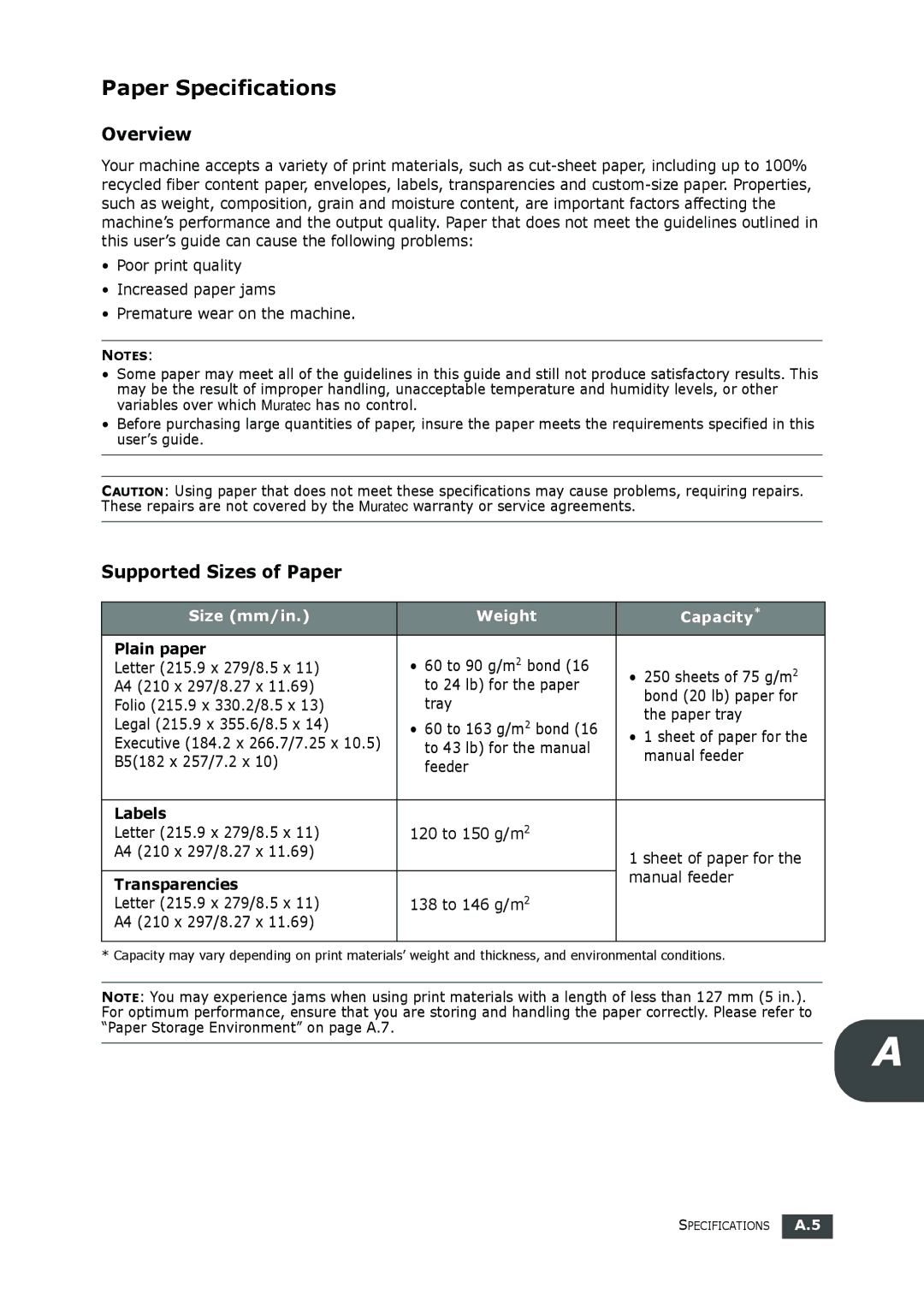 Muratec F-112 user manual Paper Specifications, Overview, Supported Sizes of Paper, Size mm/in Weight Capacity 