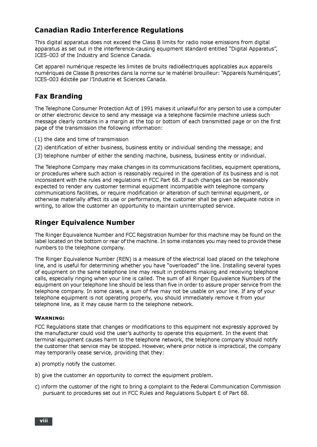 Muratec F-112 user manual Canadian Radio Interference Regulations, Fax Branding, Ringer Equivalence Number, Viii 