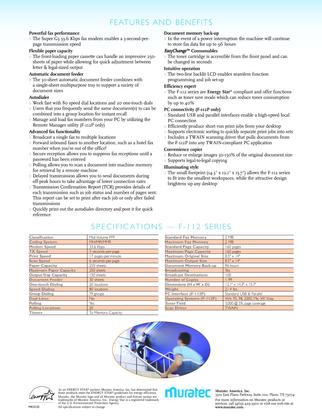 Muratec F-112P manual Features and Benefits, E C I F I C Ations F 112 Series 