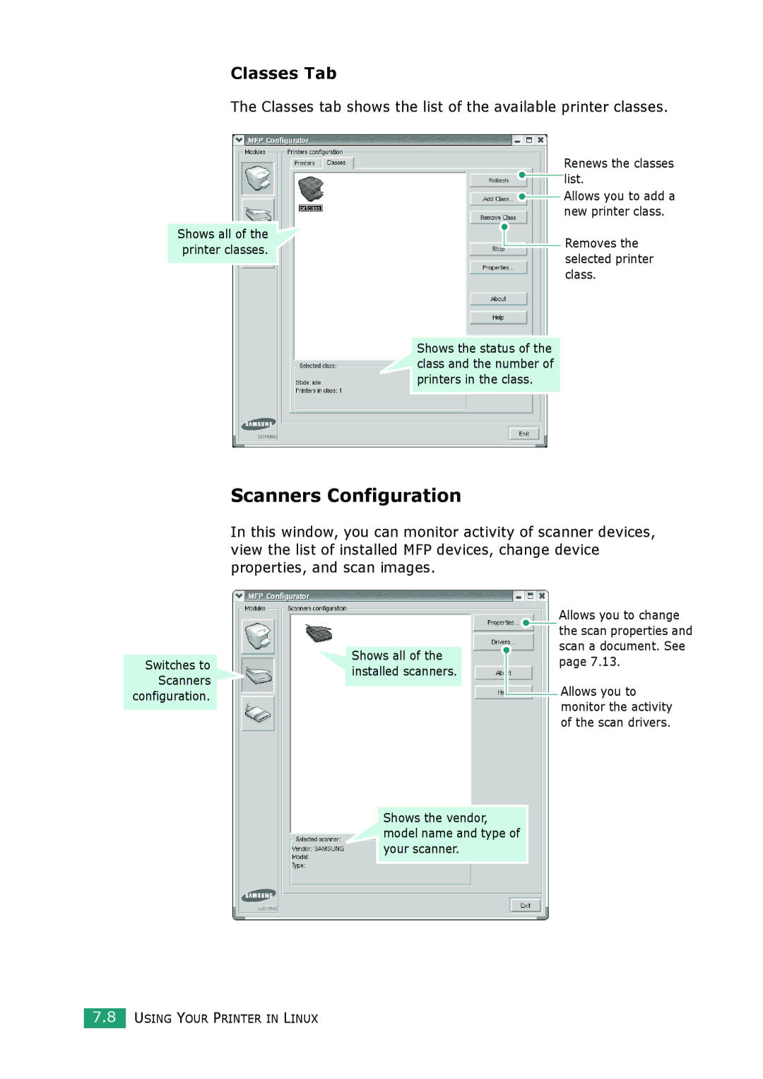 Muratec F-114 Series Scanners Configuration, Classes Tab, Classes tab shows the list of the available printer classes 