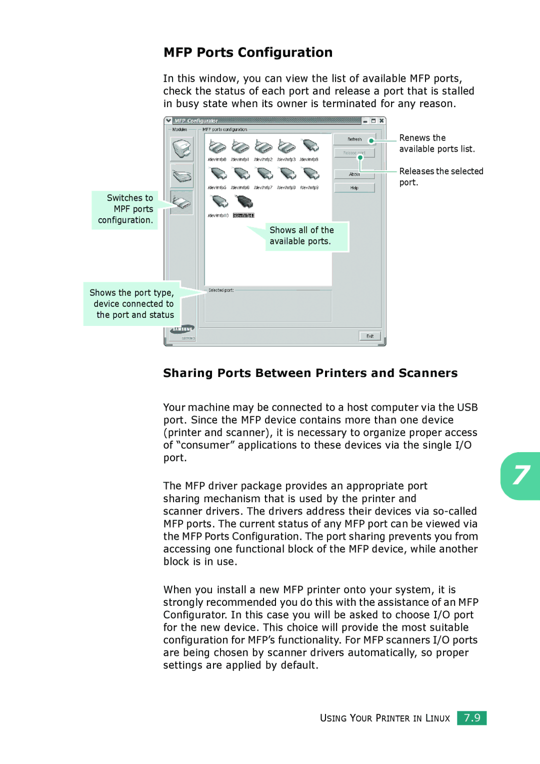 Muratec F-114 Series manual MFP Ports Configuration, Sharing Ports Between Printers and Scanners 