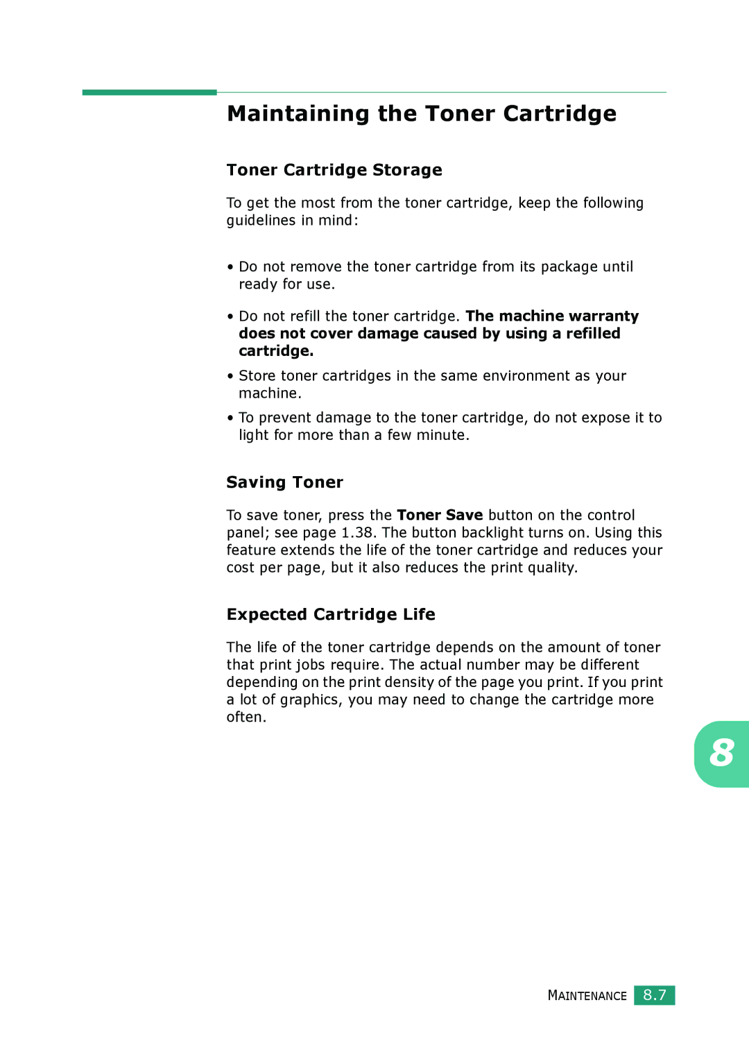 Muratec F-114 Series manual Maintaining the Toner Cartridge, Toner Cartridge Storage, Saving Toner, Expected Cartridge Life 