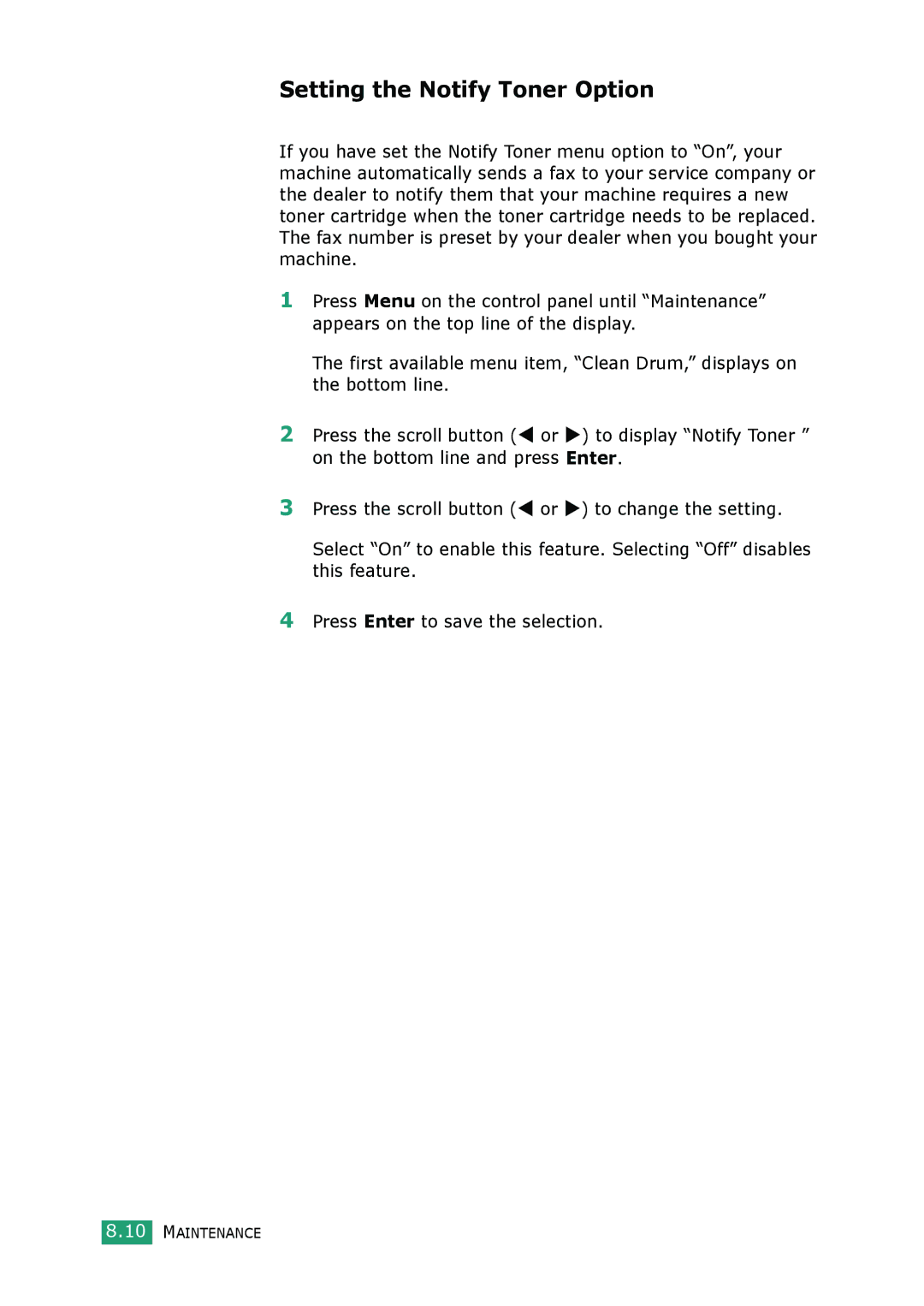 Muratec F-114 Series manual Setting the Notify Toner Option 