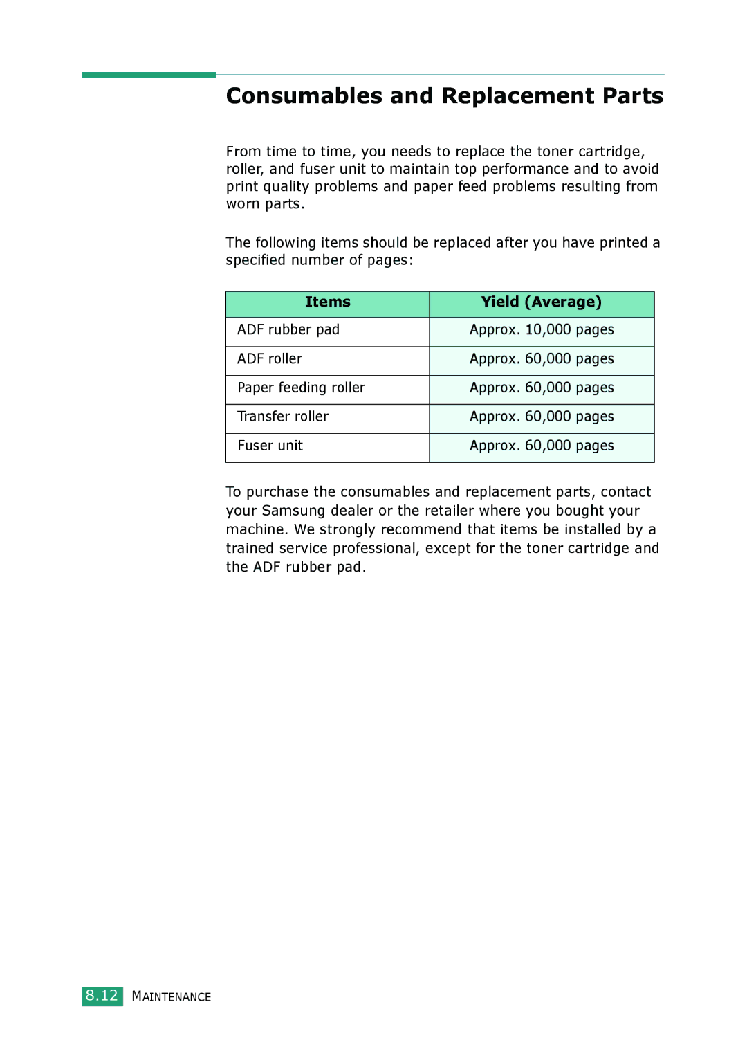 Muratec F-114 Series manual Consumables and Replacement Parts, Items Yield Average 