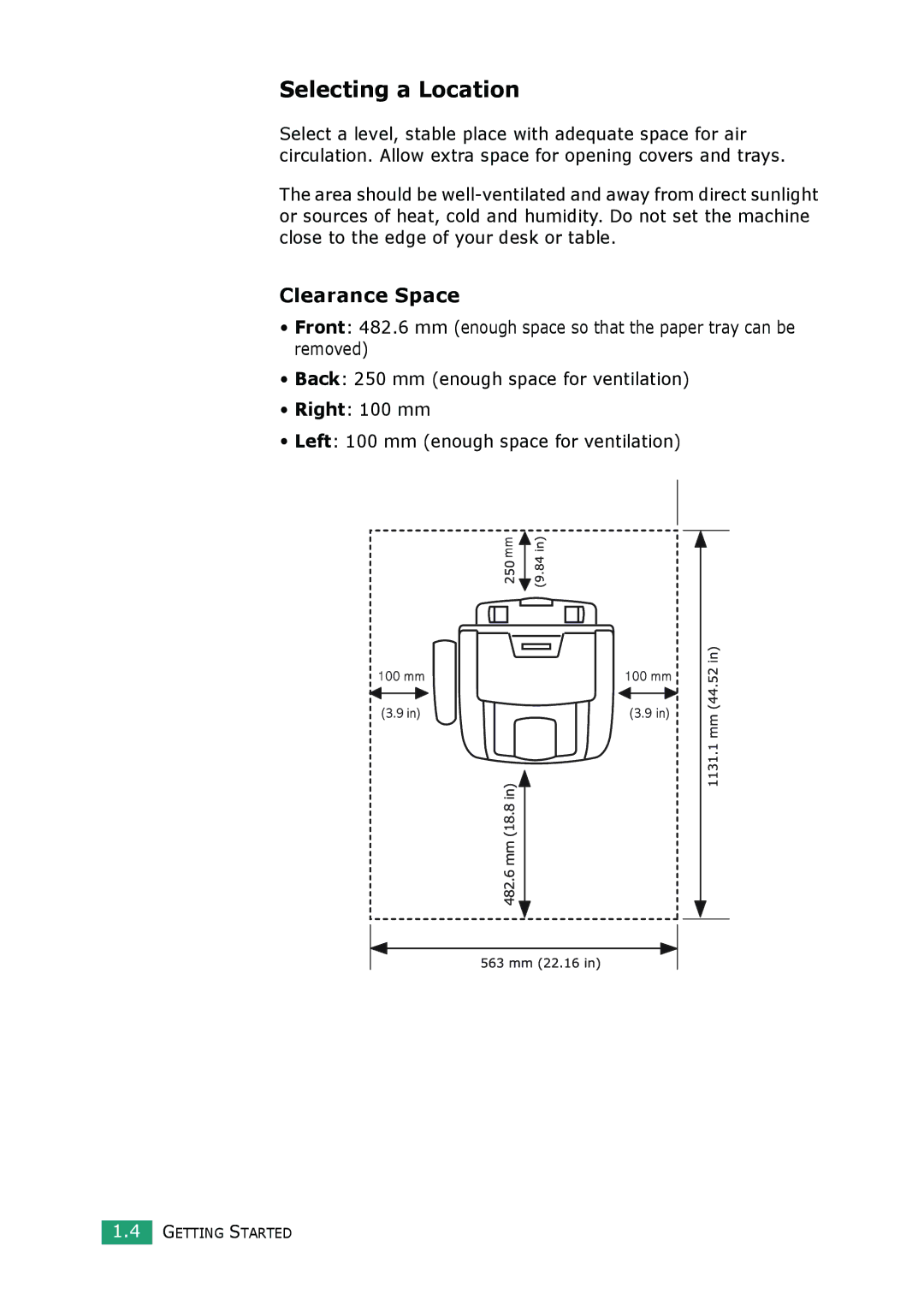 Muratec F-114 Series manual Selecting a Location, Clearance Space 