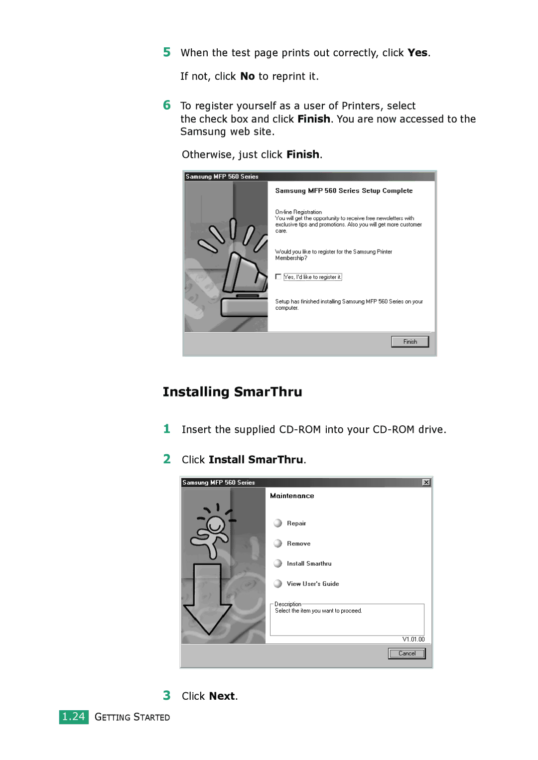 Muratec F-114 Series manual Installing SmarThru, Insert the supplied CD-ROM into your CD-ROM drive, Click Install SmarThru 