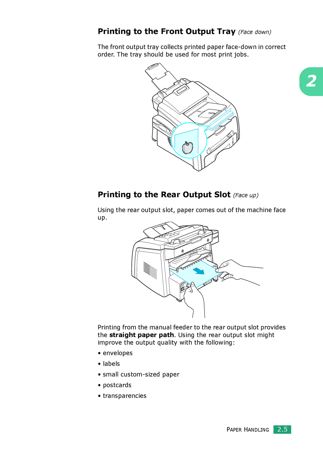 Muratec F-114 Series manual Printing to the Front Output Tray Face down, Printing to the Rear Output Slot Face up 