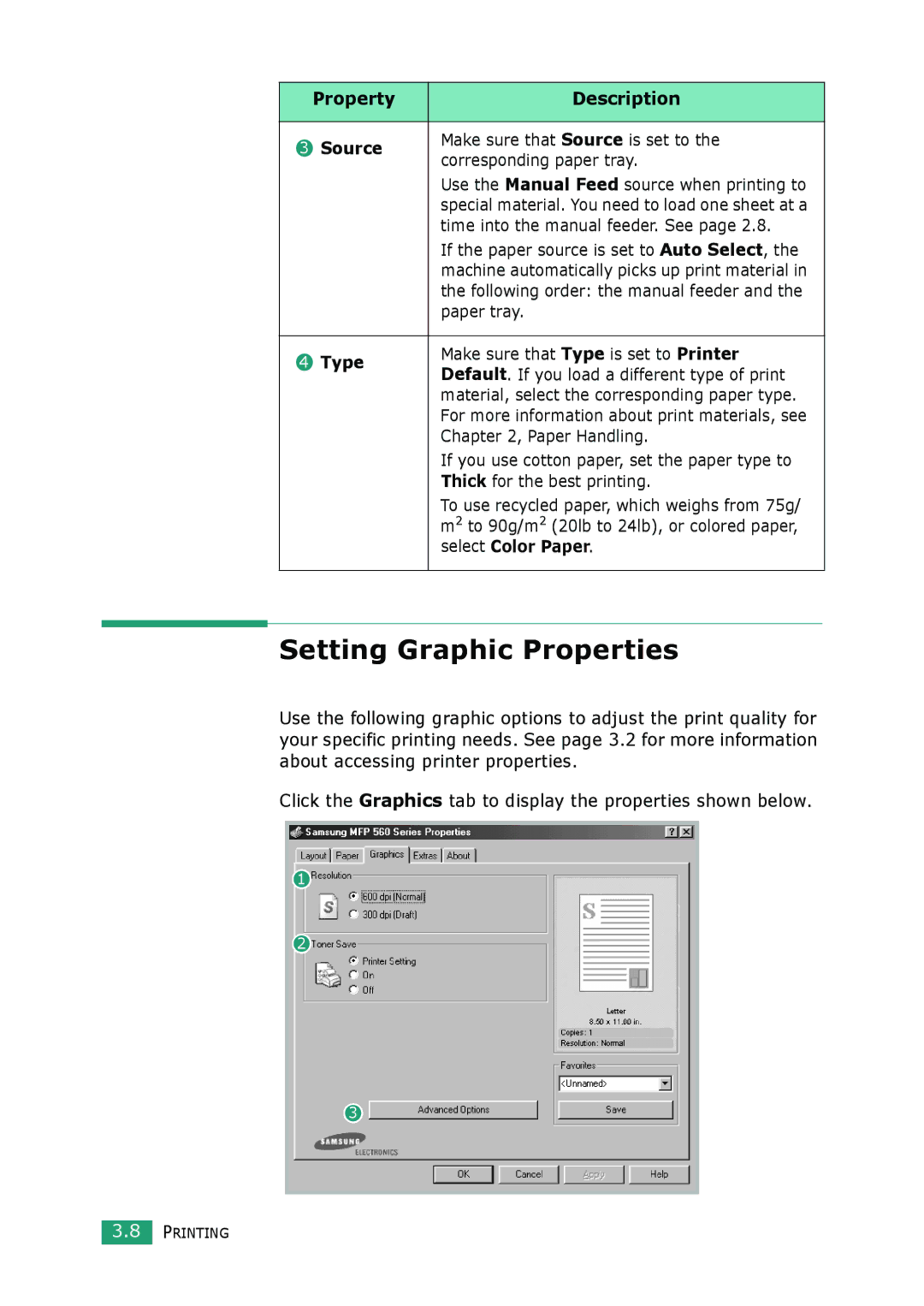 Muratec F-114 Series manual Setting Graphic Properties, Property Description Source, Type, Select Color Paper 