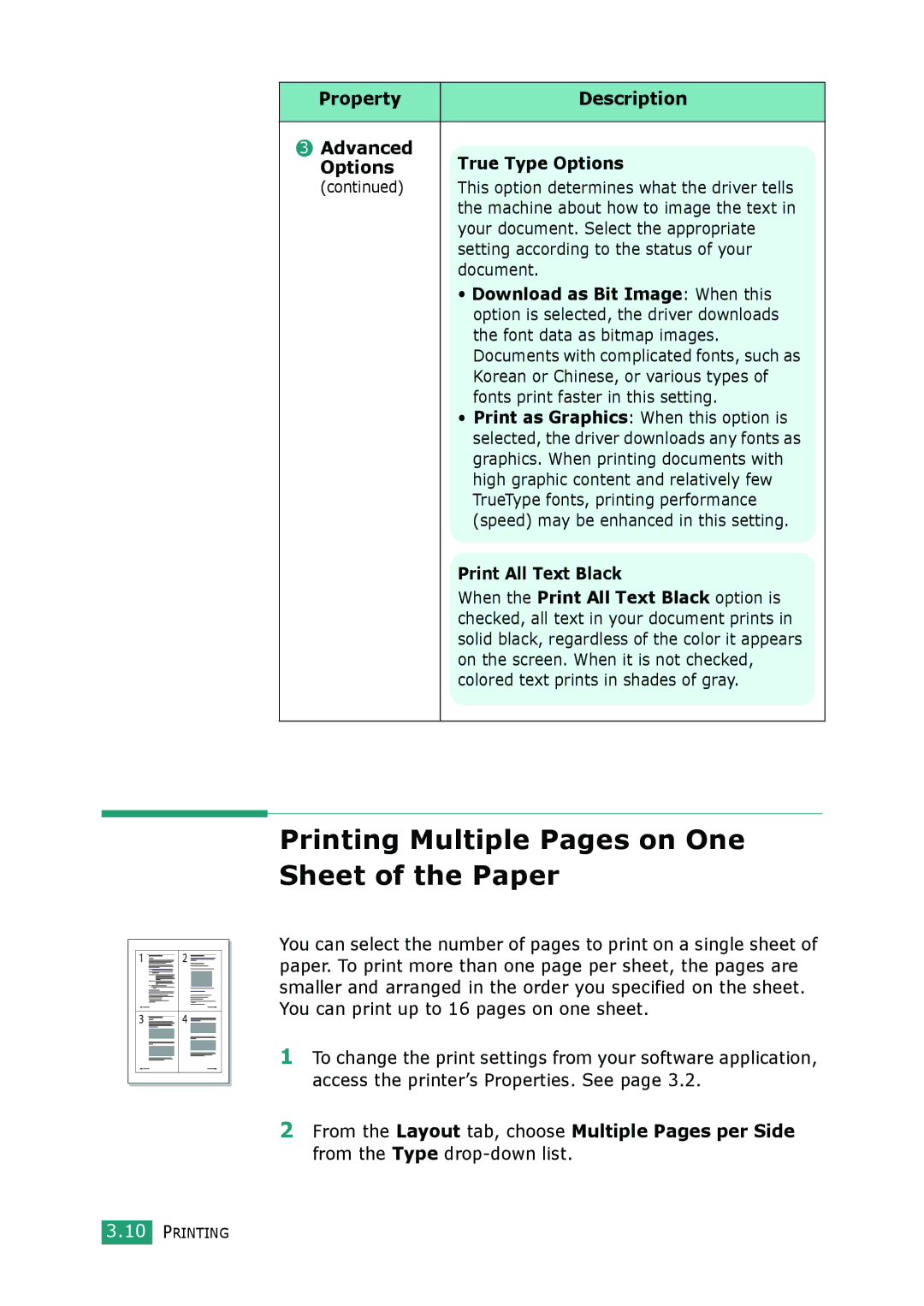 Muratec F-114 Series Printing Multiple Pages on One Sheet of the Paper, Property Description Advanced True Type Options 