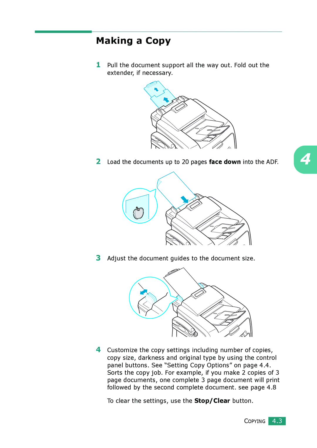 Muratec F-114 Series manual Making a Copy, Adjust the document guides to the document size 