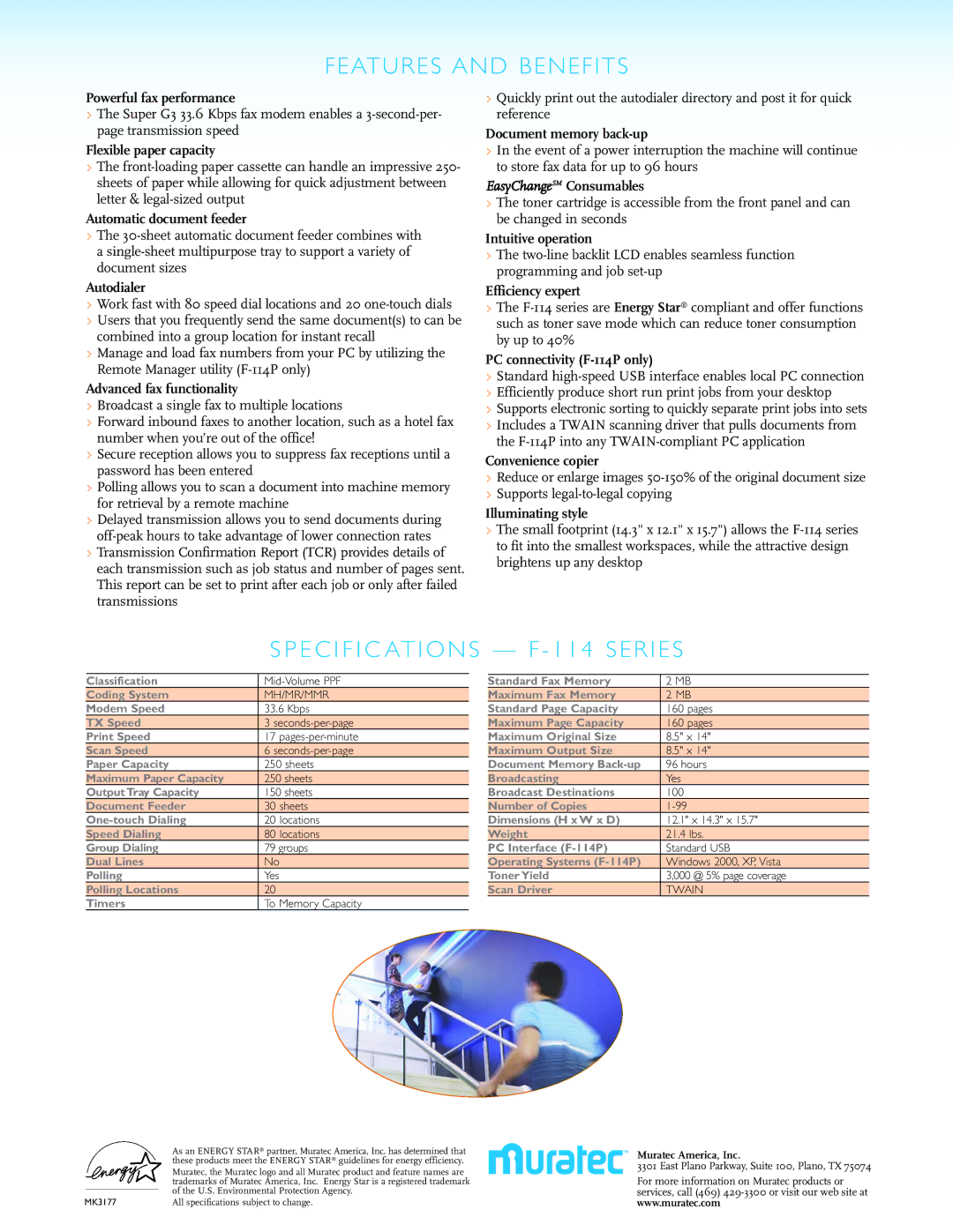 Muratec F-114 manual Features and Benefits, E C I F I C Ations F 114 Series 