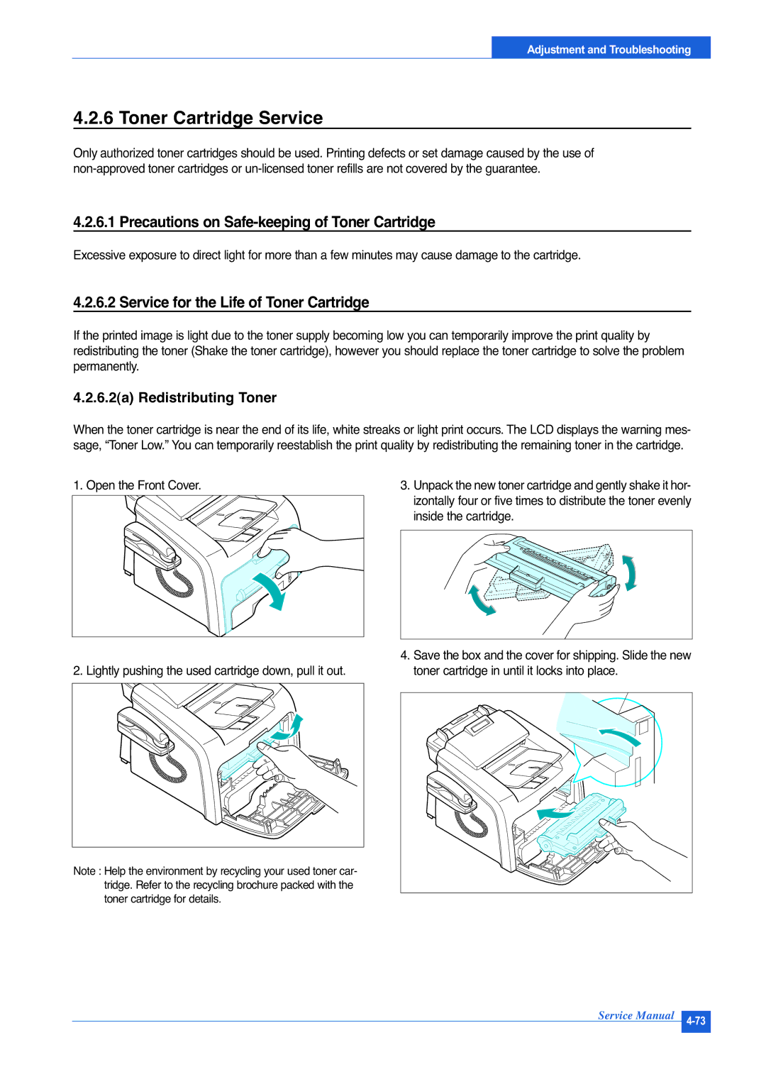 Muratec F-114P Toner Cartridge Service, Precautions on Safe-keeping of Toner Cartridge, 6.2a Redistributing Toner 