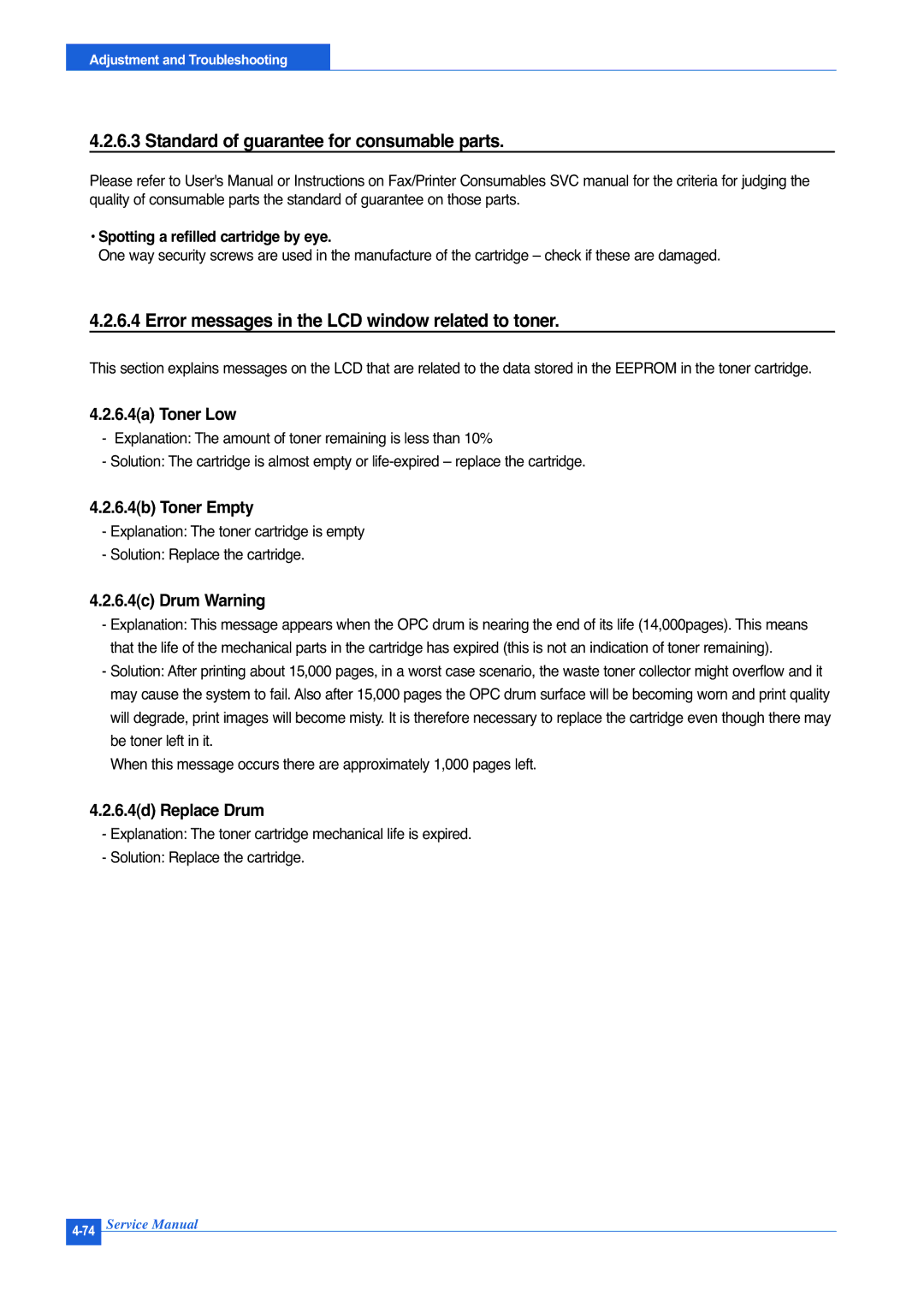 Muratec F-114P service manual Standard of guarantee for consumable parts, Error messages in the LCD window related to toner 