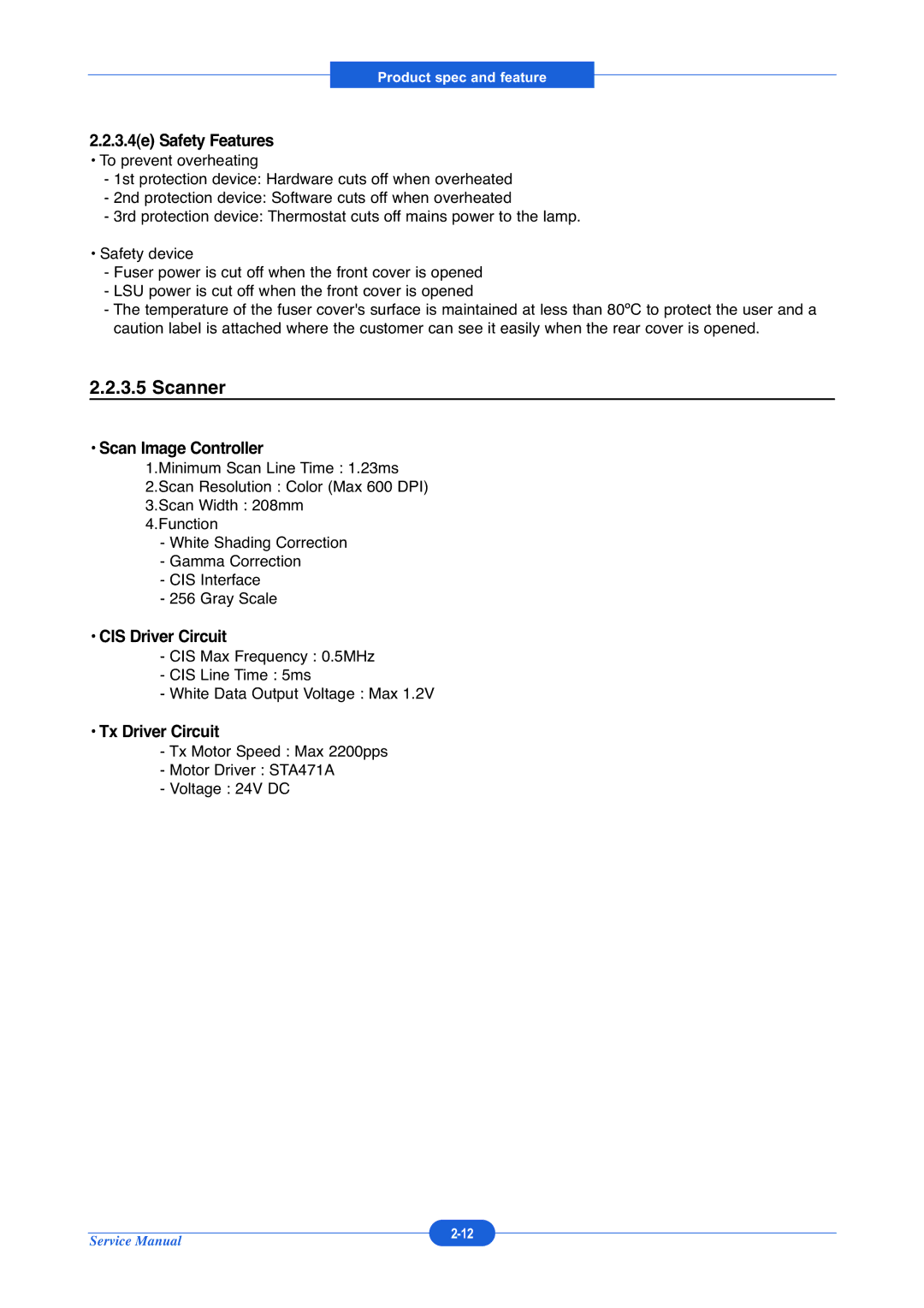 Muratec F-114P service manual 3.4e Safety Features, Scan Image Controller, CIS Driver Circuit, Tx Driver Circuit 