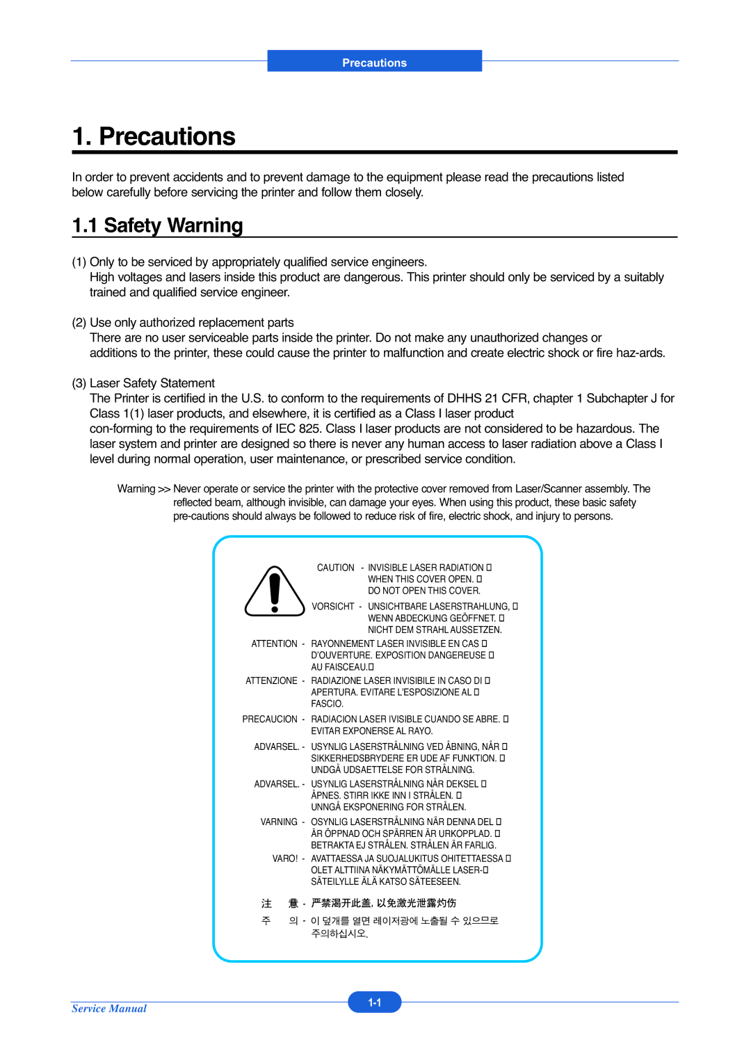 Muratec F-114P service manual Precautions, Safety Warning 