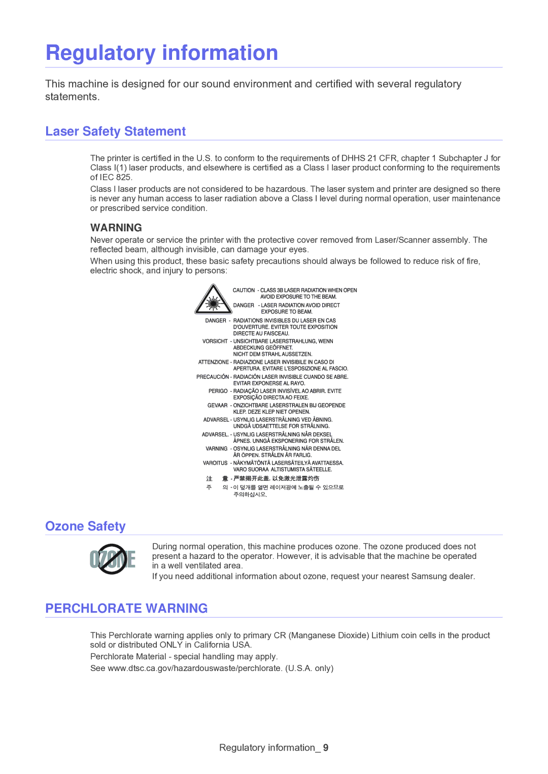 Muratec F-116 manual Regulatory information, Laser Safety Statement, Ozone Safety 