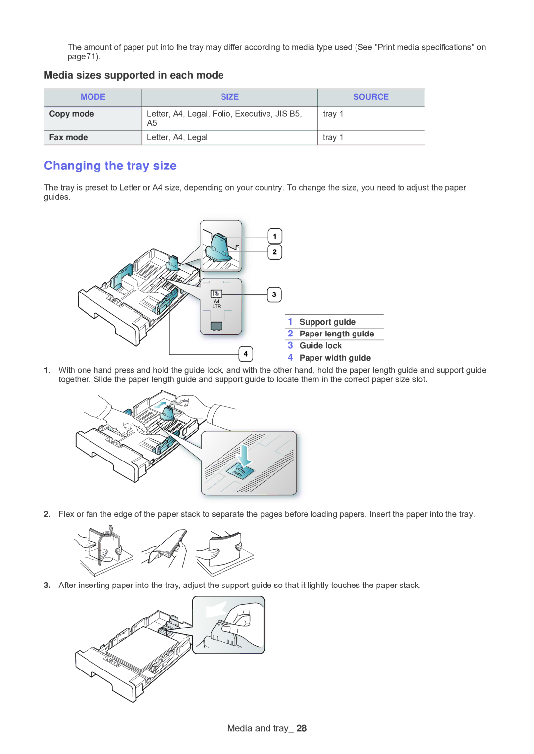 Muratec F-116 manual Changing the tray size, Media sizes supported in each mode, Mode Size Source, Copy mode, Fax mode 